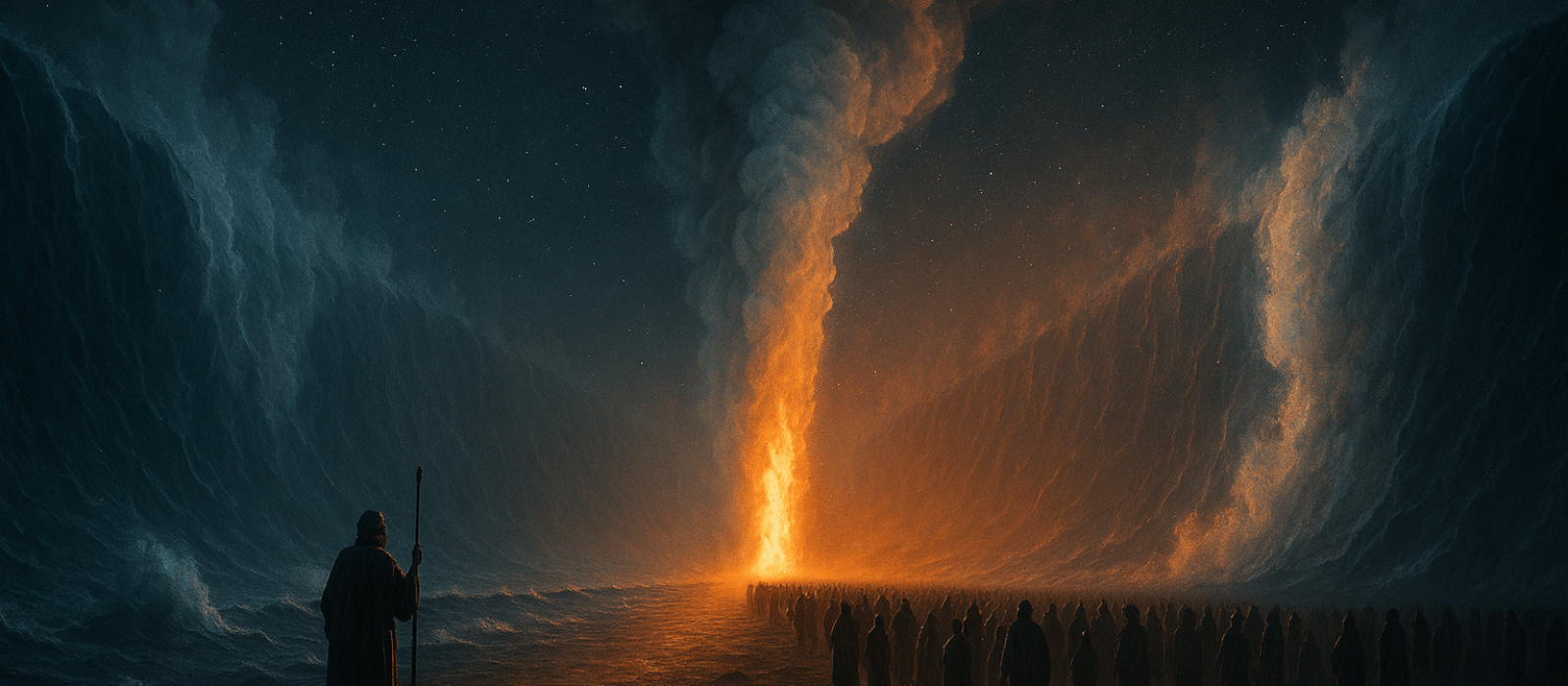 night scene of the Red Sea parted with a blazing pillar of fire and cloud guiding Israel across dry ground