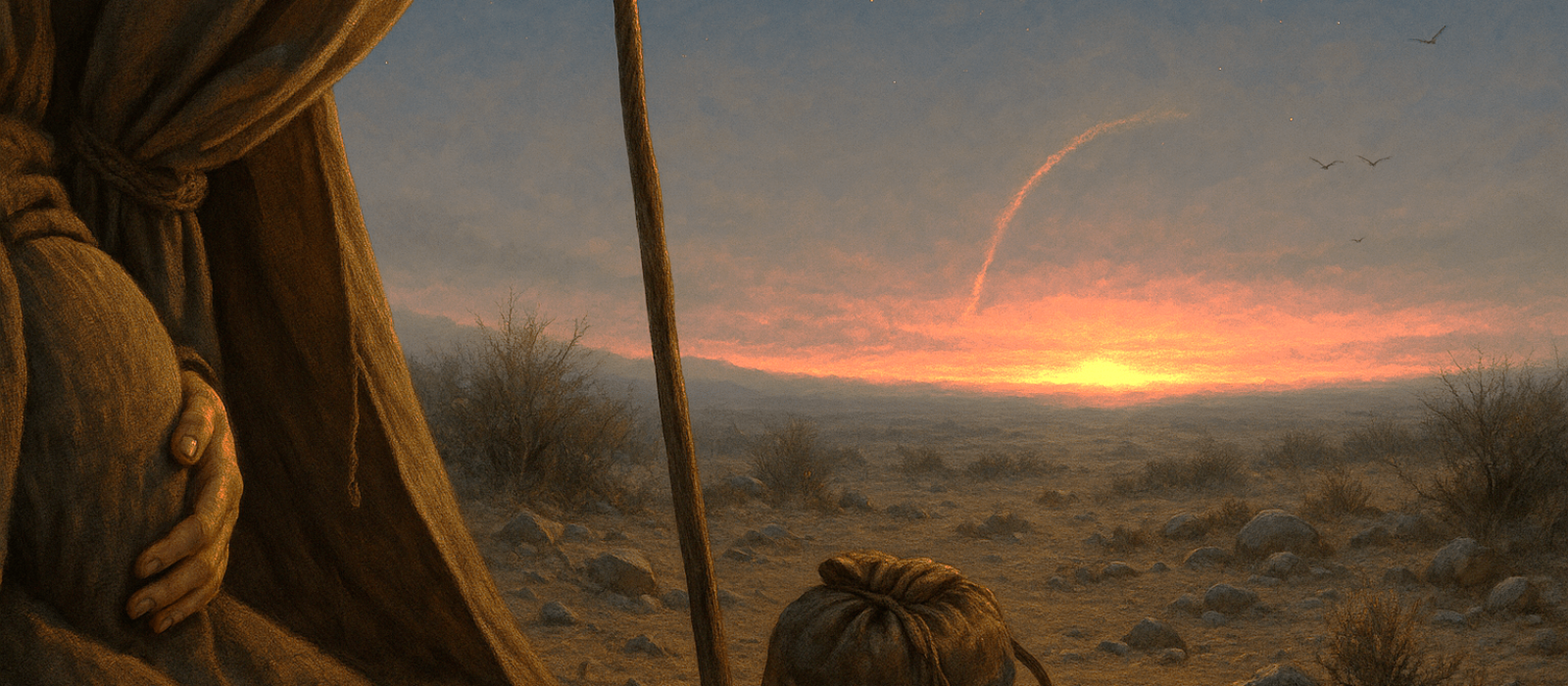 Enoch’s staff at a tent entrance at dusk, an expectant mother’s hand on her belly, and a distant glow over Eden hinting at coming judgment and hope.