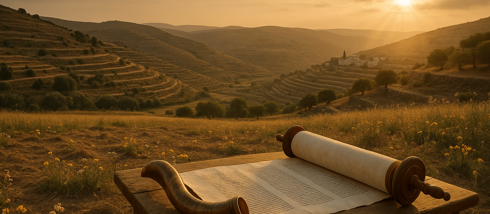 Golden-hour fallow field with Torah scroll and shofar, symbolizing Shabbat, Shemitah, and Jubilee.