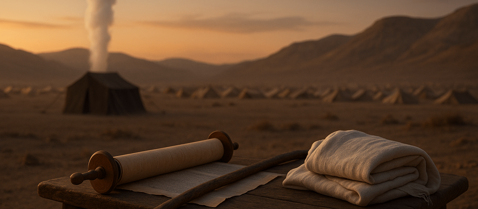 Pillar of cloud by the Tent of Meeting at dusk with a Torah scroll, staff, and mantle in the foreground—symbolizing humility and intercession from Beha’alotcha.