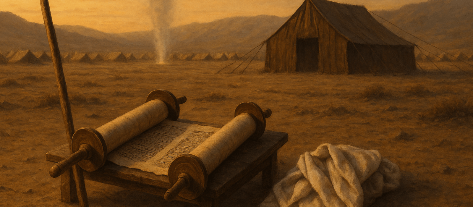 Evening at the Tent of Meeting with a staff, mantle, and Torah scroll set on a low table before a faint pillar of cloud, symbolizing humility and intercession.