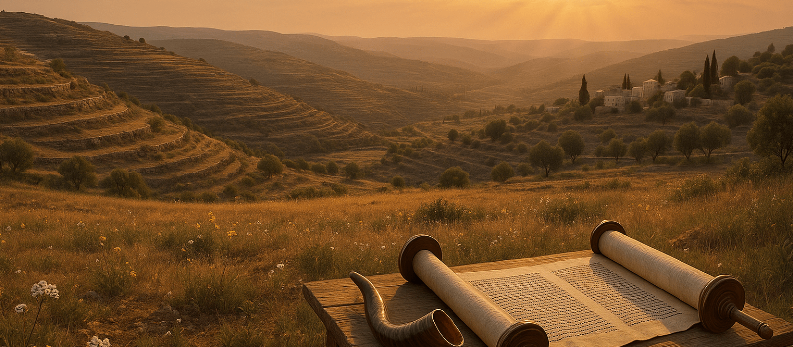 Fallow Judean field at golden hour with shofar and Torah scroll, terraces resting under soft light.