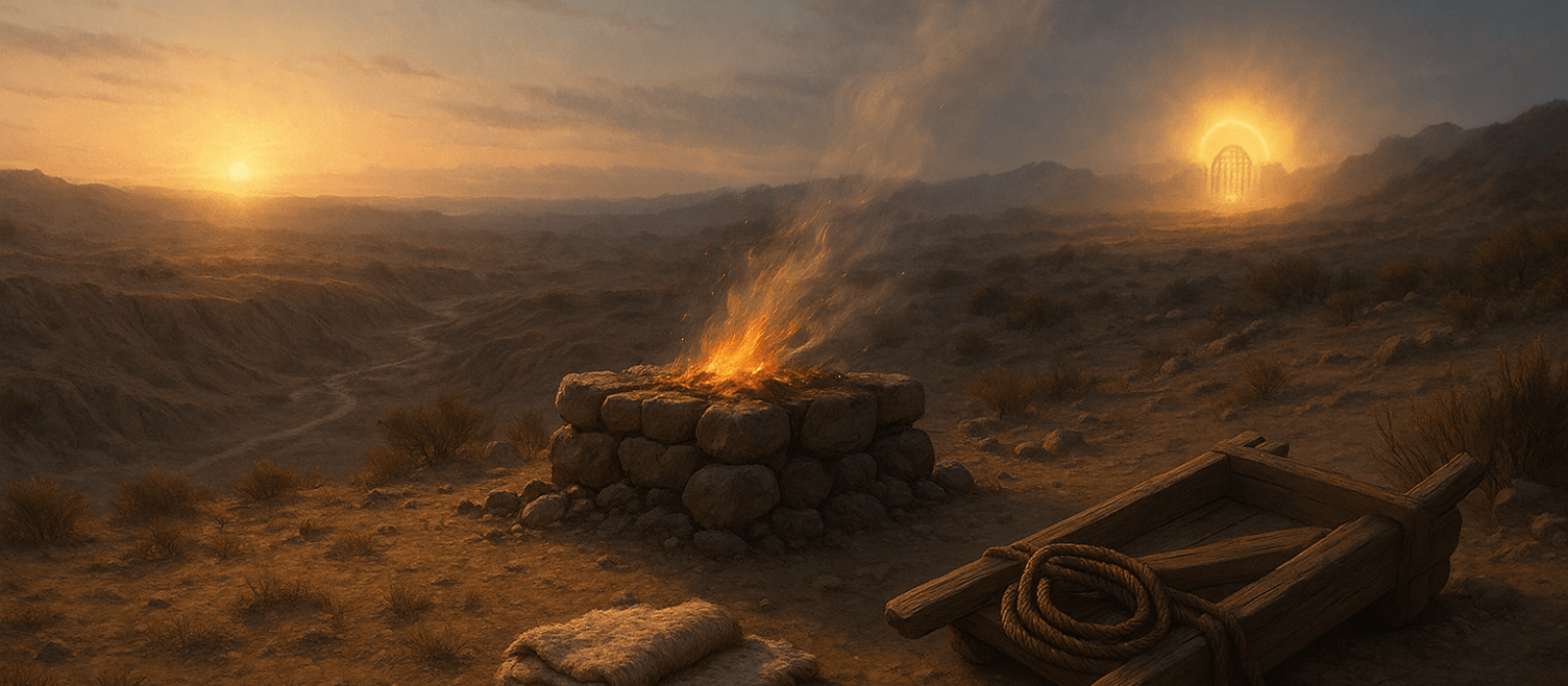 Dawn at a hilltop altar outside Eden, embers flaring in a gust as a distant flaming sword guards the garden gate.