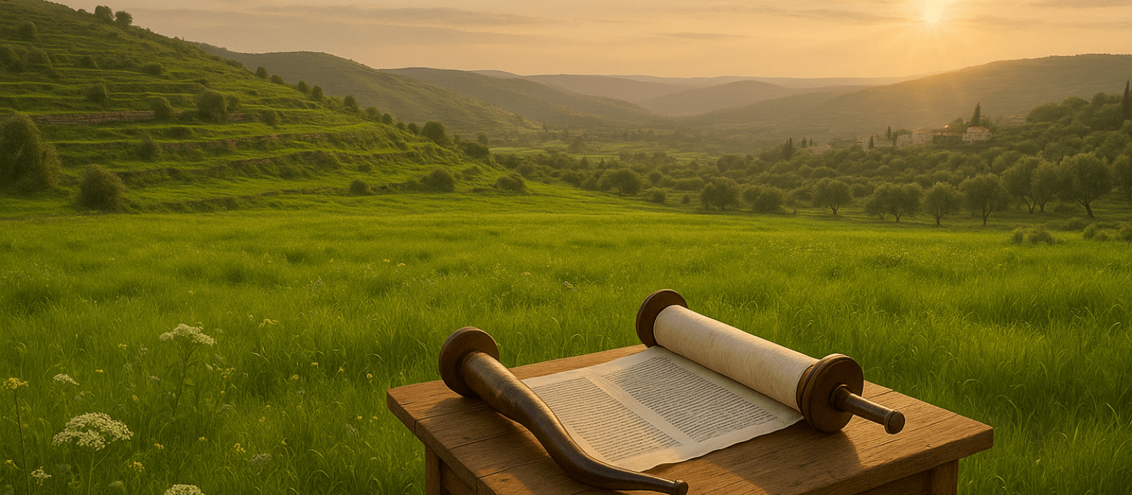 Judean hills at golden hour with a fallow field, Torah scroll and shofar on a table, symbolizing Shemittah and Jubilee rest.