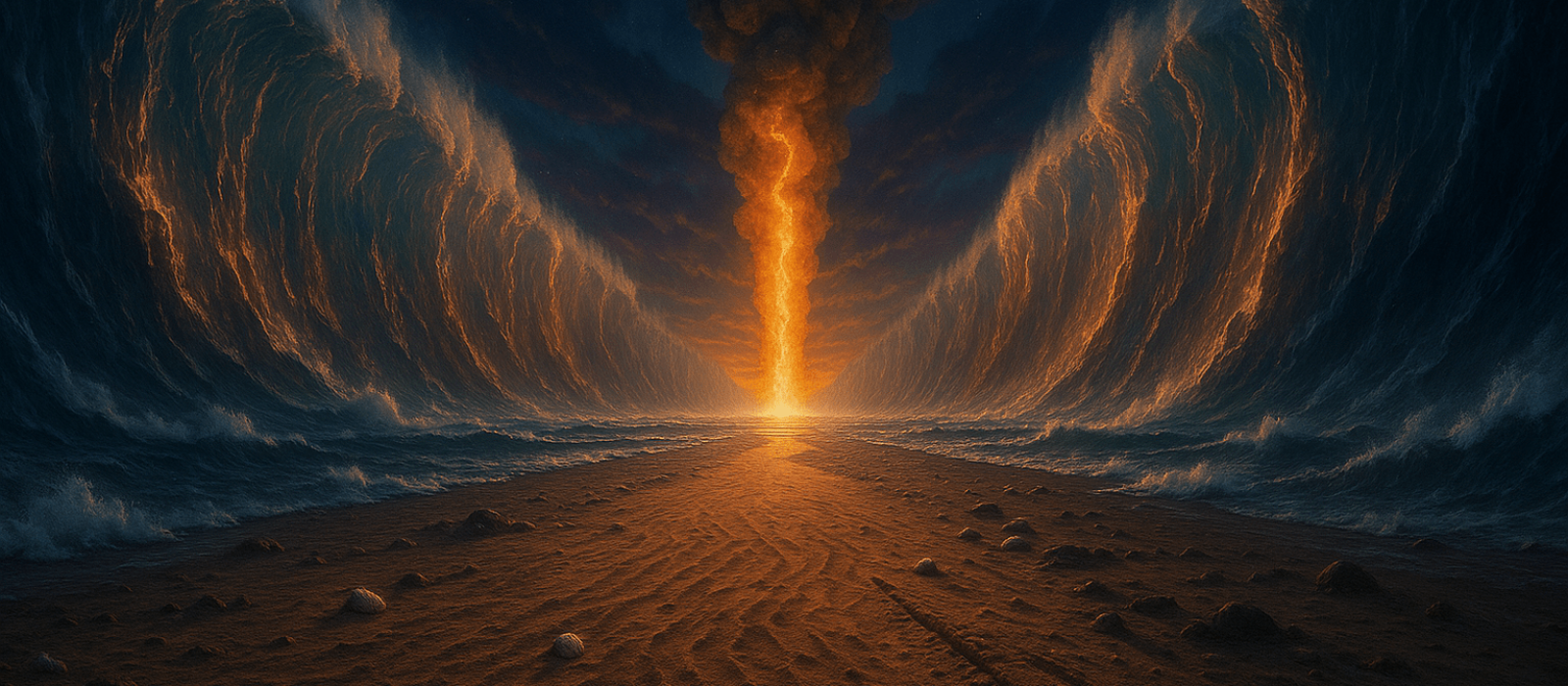 Parted Sea of Suf at pre-dawn with pillar of fire and cloud rising behind