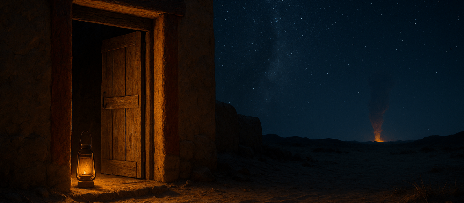 Winter night in Goshen with a marked doorway glowing by lantern light, echoing Passover in Parashah Bo.