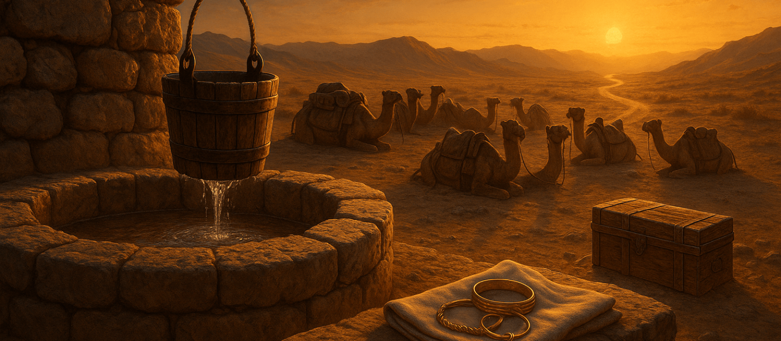 “Desert well at dusk with camels resting and bridal gifts on the well’s edge.”
