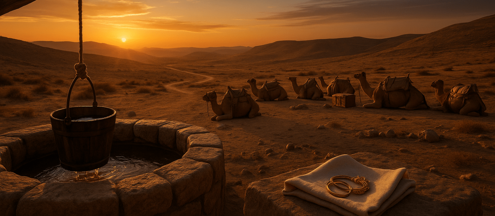 Desert well at dusk with camels and bridal jewelry symbolizing Rebekah’s call in Chayei Sarah.