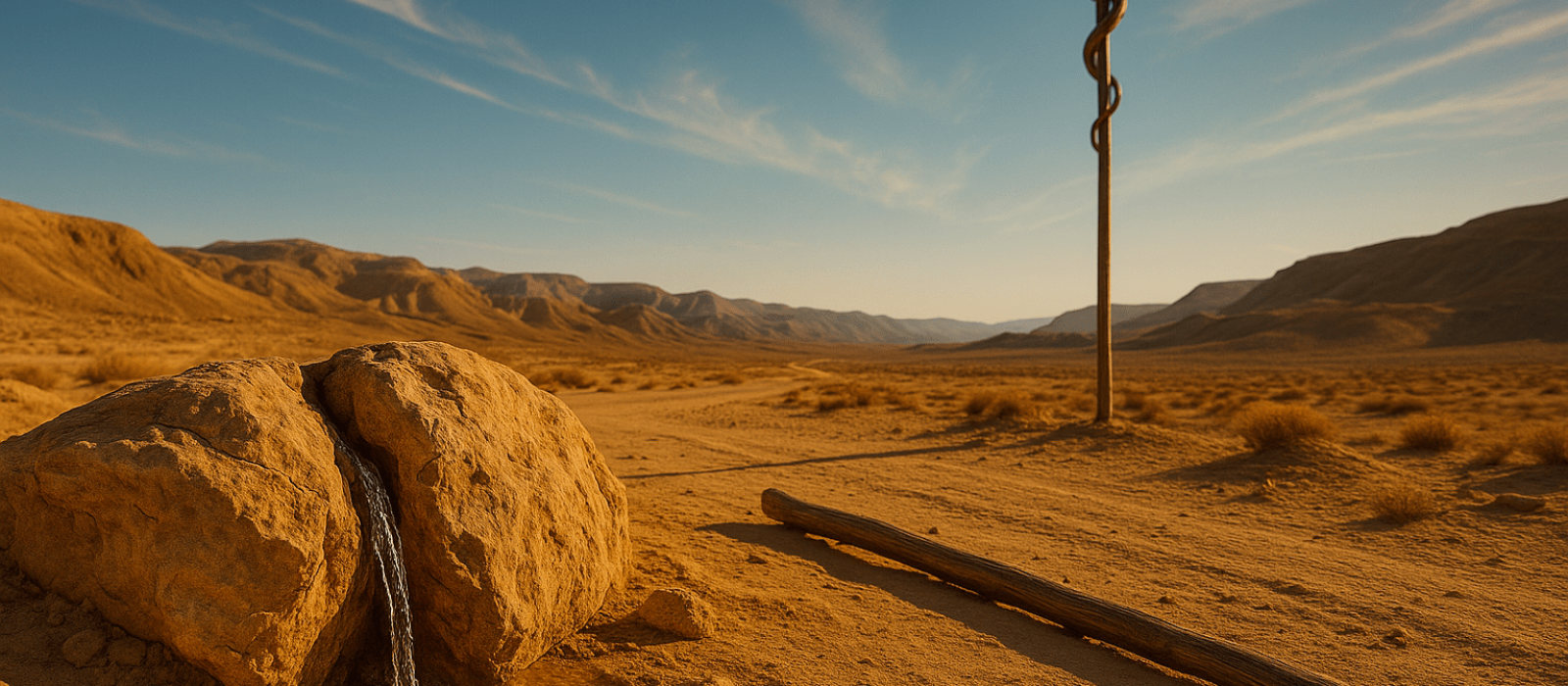 Split desert rock trickling water near a bronze serpent standard under a golden Zin sky
