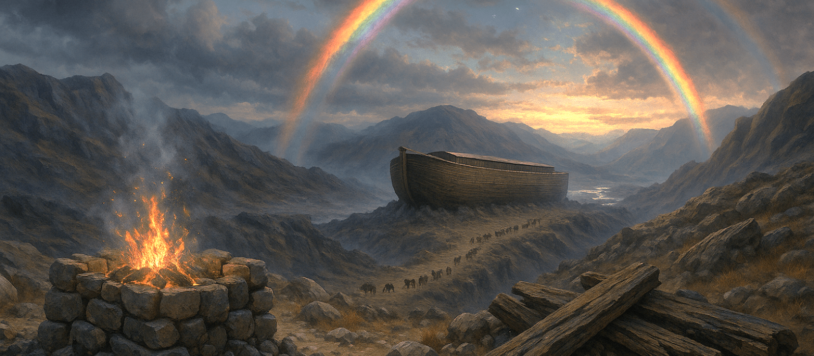 Stone altar flaring on a mountain ridge beneath a fresh double rainbow as the Ark rests in the distance after the Flood.