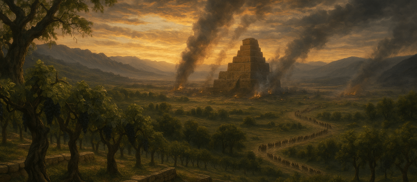 Dawn over Noah’s vineyard as smoke rises from Babel and caravans depart in opposite directions.