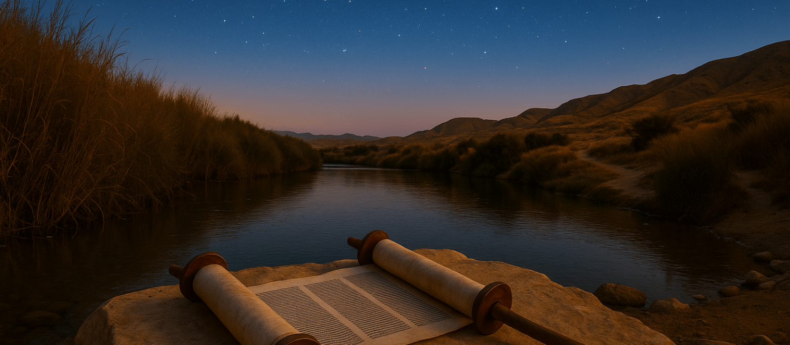 Midsummer dusk at the Jordan River with a Torah scroll and staff, first stars appearing over distant hills.