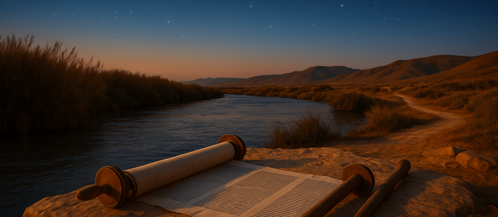Midsummer dusk by the Jordan with an unrolled Torah and wooden staff on warm limestone, path leading toward Jericho’s hills under a deep blue, star-touched sky.