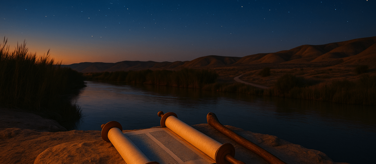 Midsummer dusk by the Jordan River with an unrolled Torah and staff, first stars appearing over Jericho’s hills.