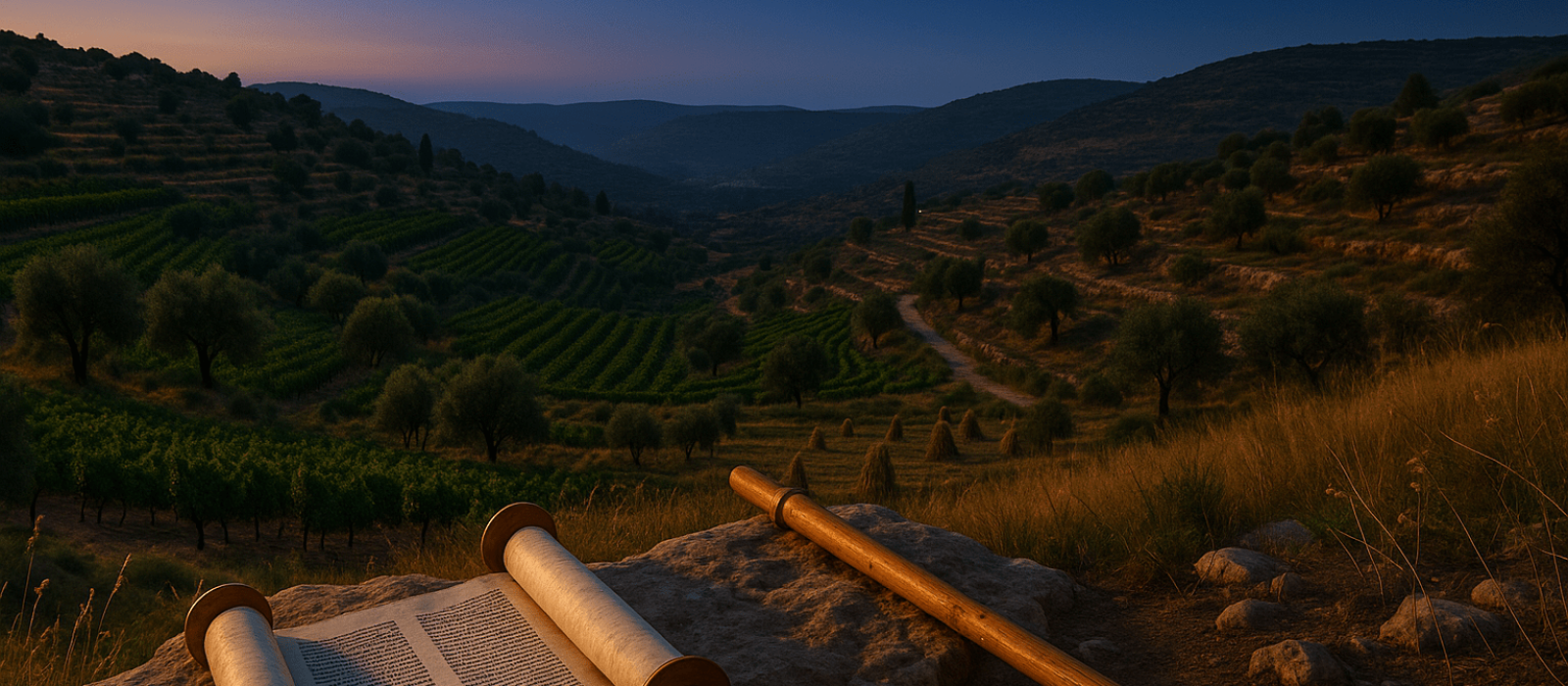 Late-summer Torah scene with staff, terraces of vines and olives, and a cobalt dusk sky for Parashat Ekev.