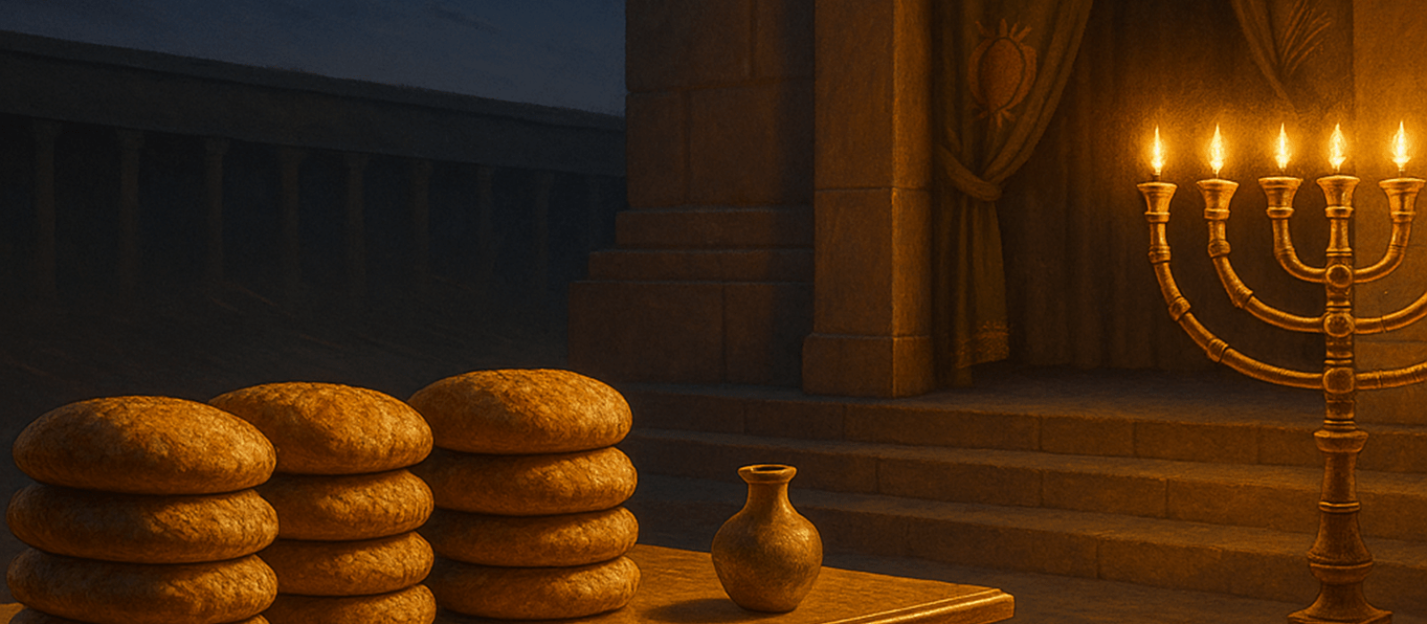 Twelve loaves on a showbread table with menorah light before the sanctuary at spring twilight.