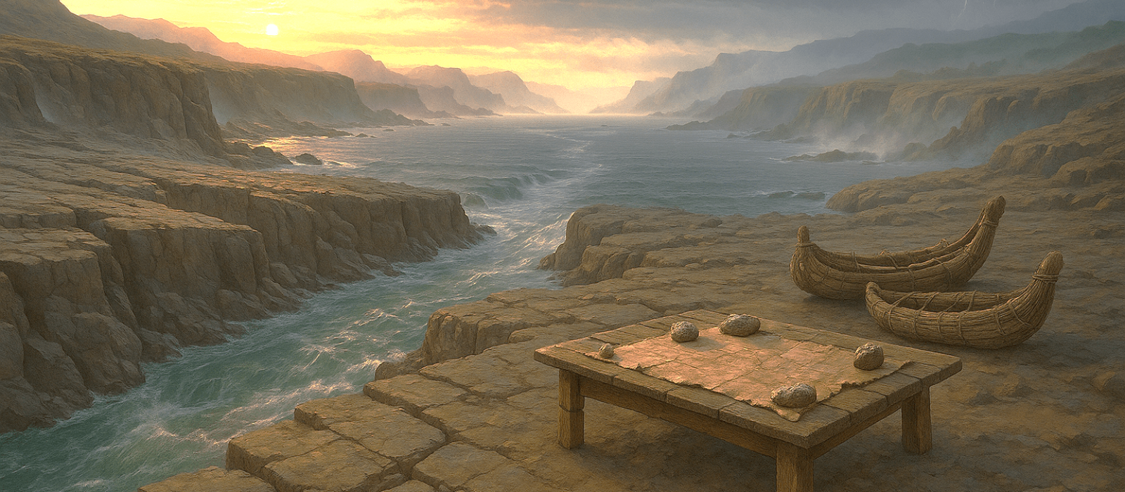 Dawn over a newly formed sea dividing the land, with skin-map table and reed boats along a fractured shore.
