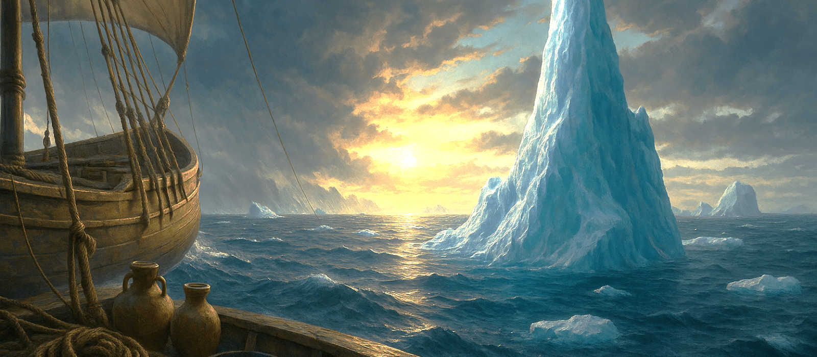 Bronze-Age ship at dawn beside a tall blue-white iceberg after a storm.