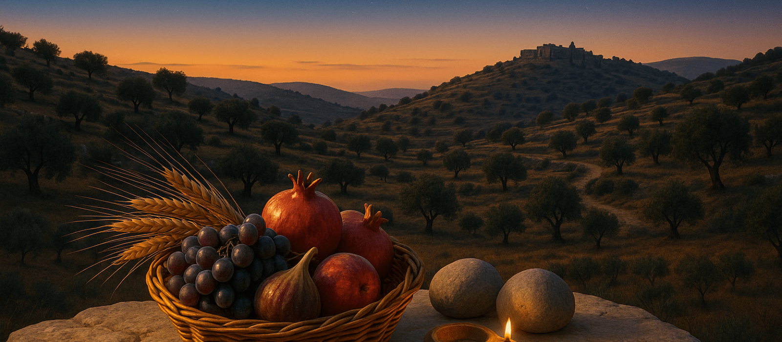 First-fruits basket and witness stones at late-summer twilight in the Judean hills
