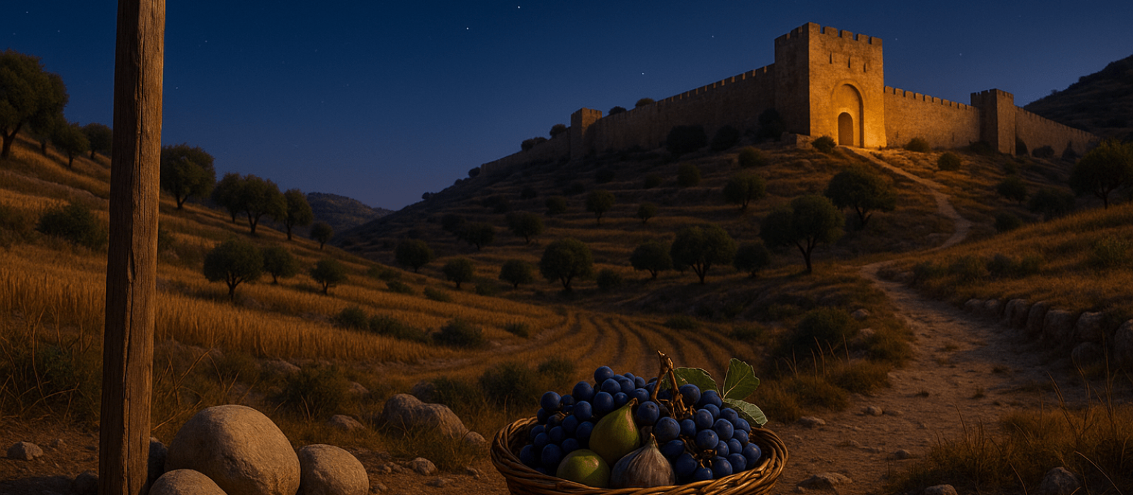 Elul twilight by an ancient city gate with stake, witness stones, and first-fruits basket under a starry indigo sky.