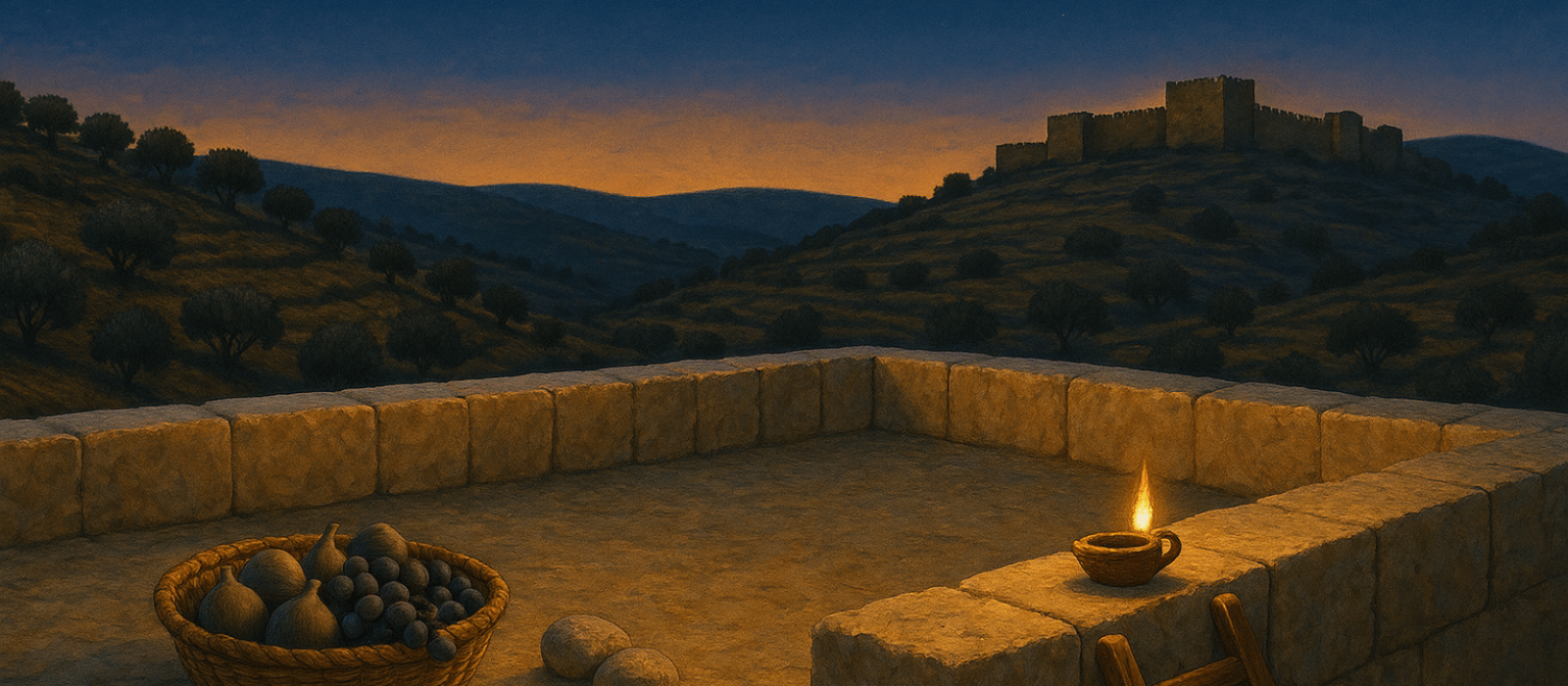 Ancient Israelite rooftop with new parapet at Elul twilight, basket of first-fruits, olive-terraced hills, and city walls beneath first stars.