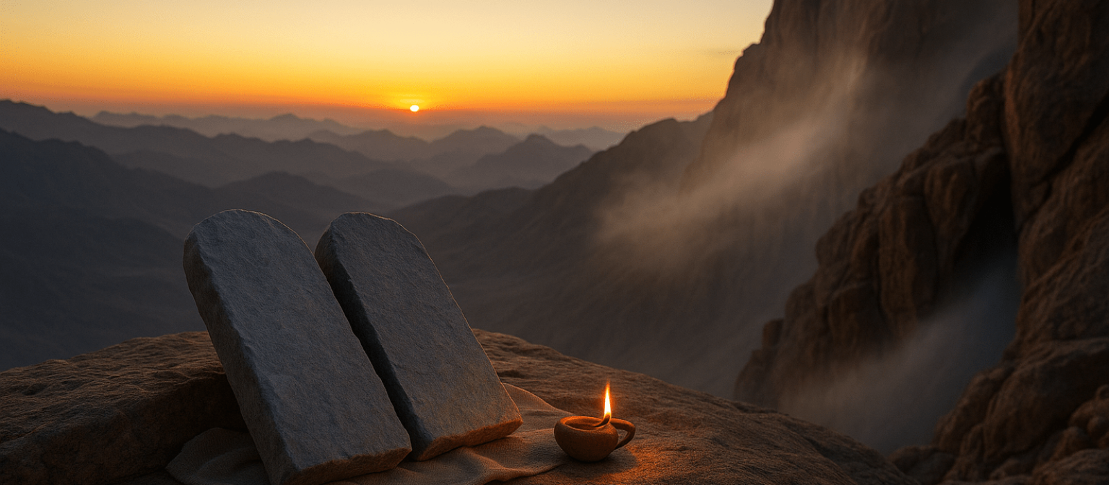 Dawn at Sinai with stone tablets and holy radiance over the mountain.