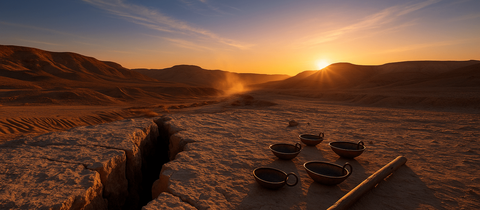 Early-summer desert dawn with a rock fissure, bronze firepans, and a resting staff near low copper-gold hills.