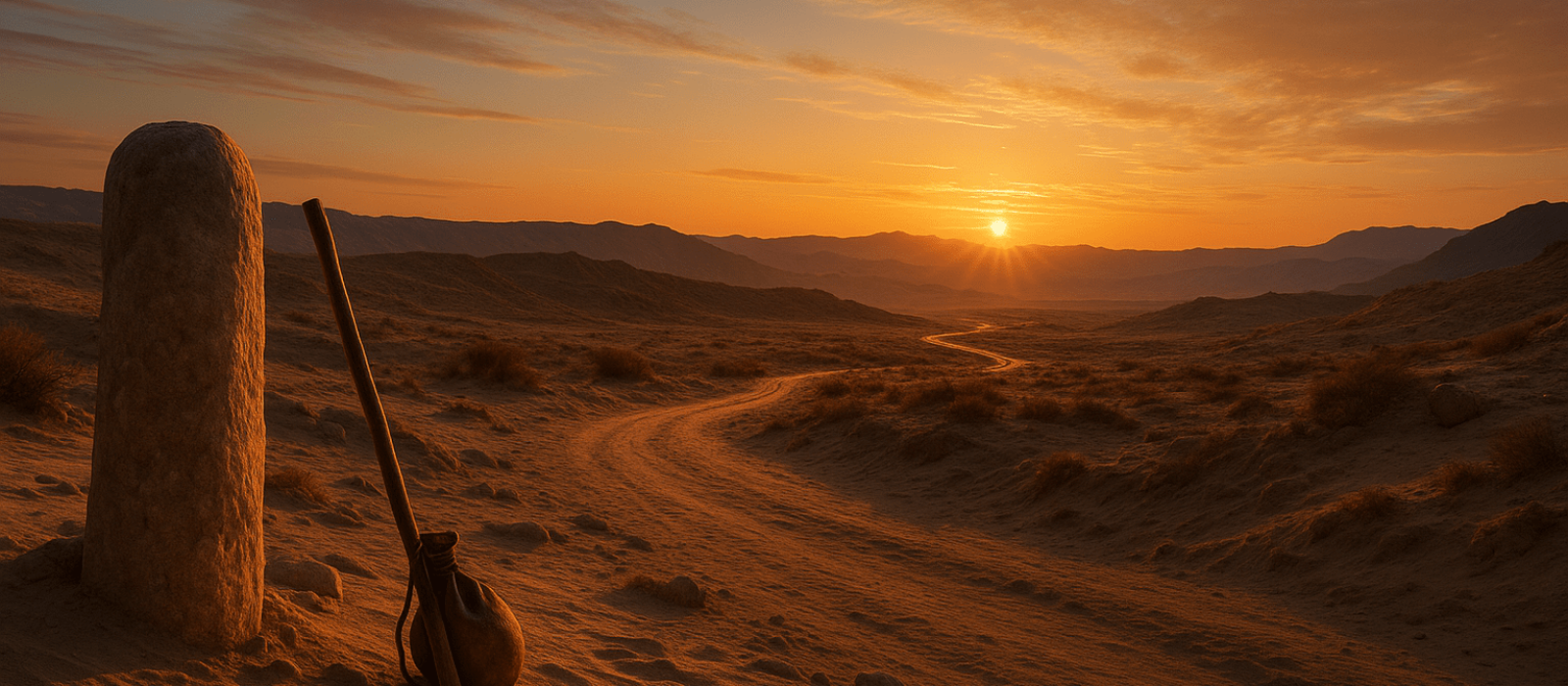 Autumn dawn on the ancient Haran-to-Canaan road with milestone, staff, and water skin under a copper-gold sky.