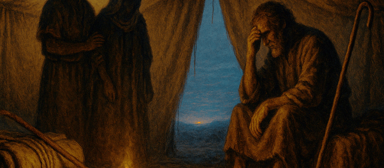 Pre-Flood tent scene at dusk as Enoch reveals a prophecy to Daniella and Methuselah
