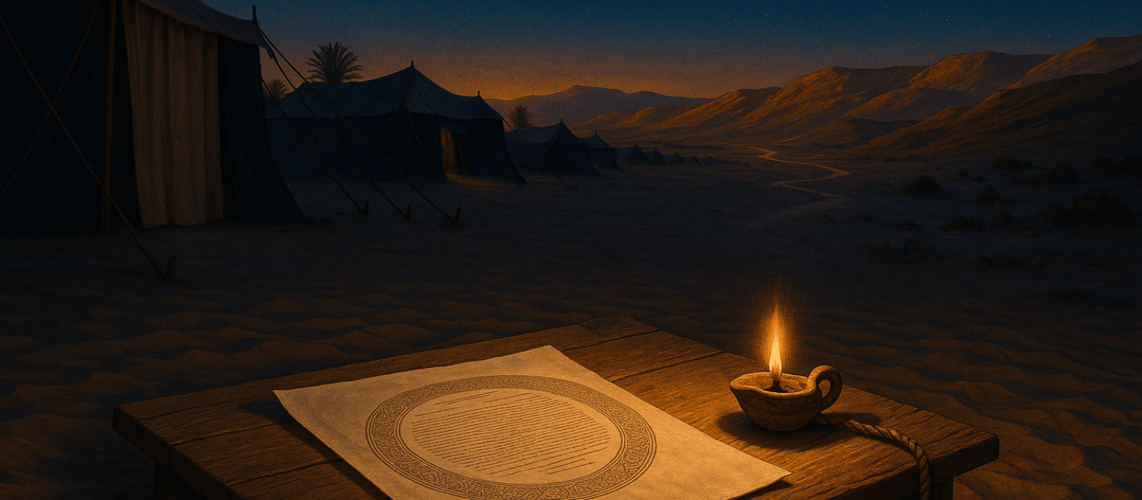 Midsummer desert camp at dusk with an open ketubah and lamp, tents and caravan route leading toward copper-gold hills under an indigo sky.