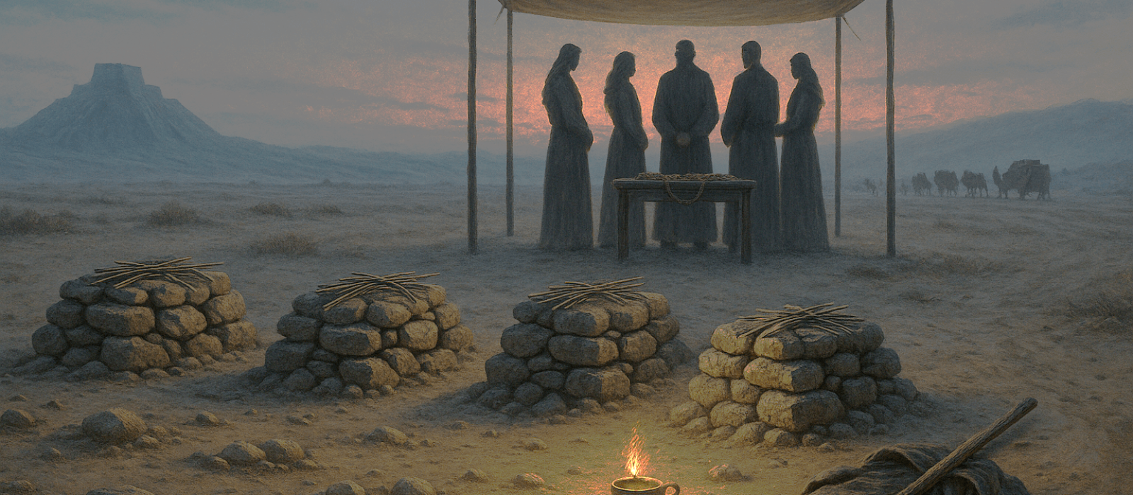 Stone cairns near Ur at twilight with a faceless double wedding canopy and a small caravan departing north, symbolizing grief turning to covenant.