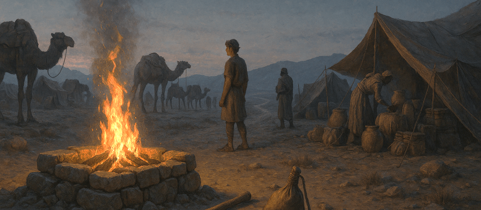 Twilight departure from Haran as Abram’s caravan forms beside an altar fire, beginning the first exodus toward Canaan.