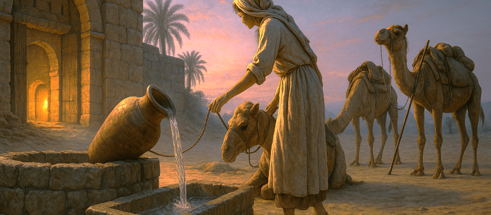 Rebekah waters Eliezer’s camels at the well outside Nahor at twilight.