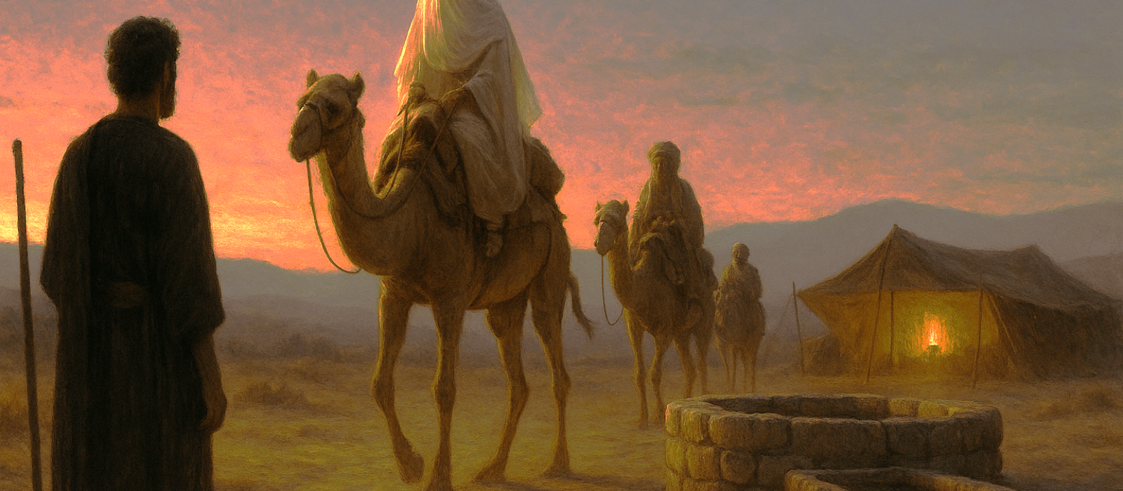 Eliezer’s caravan arrives in the Negev as veiled Rebekah meets Isaac at dusk near a well and Abraham’s open canopy.