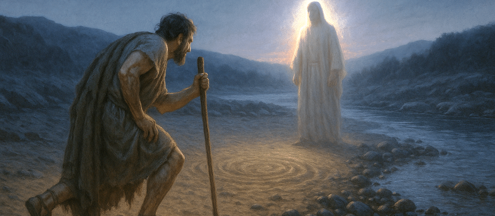 Jacob, limping at dawn by the Jabbok, faces the radiant Stranger after an all-night wrestle.