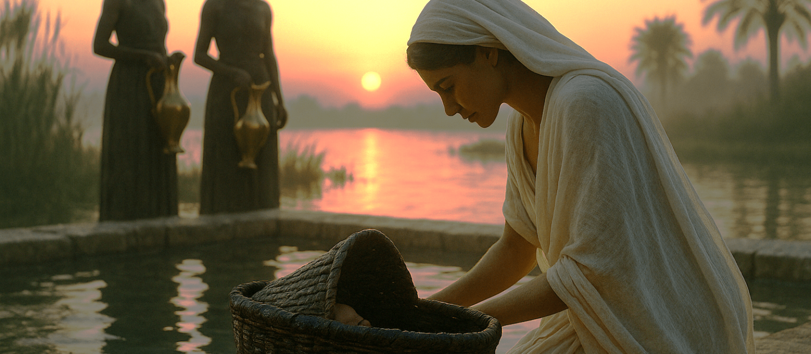 Pharaoh’s daughter discovers a reed basket with baby Moshe at a dawn bathing pool on the Nile.
