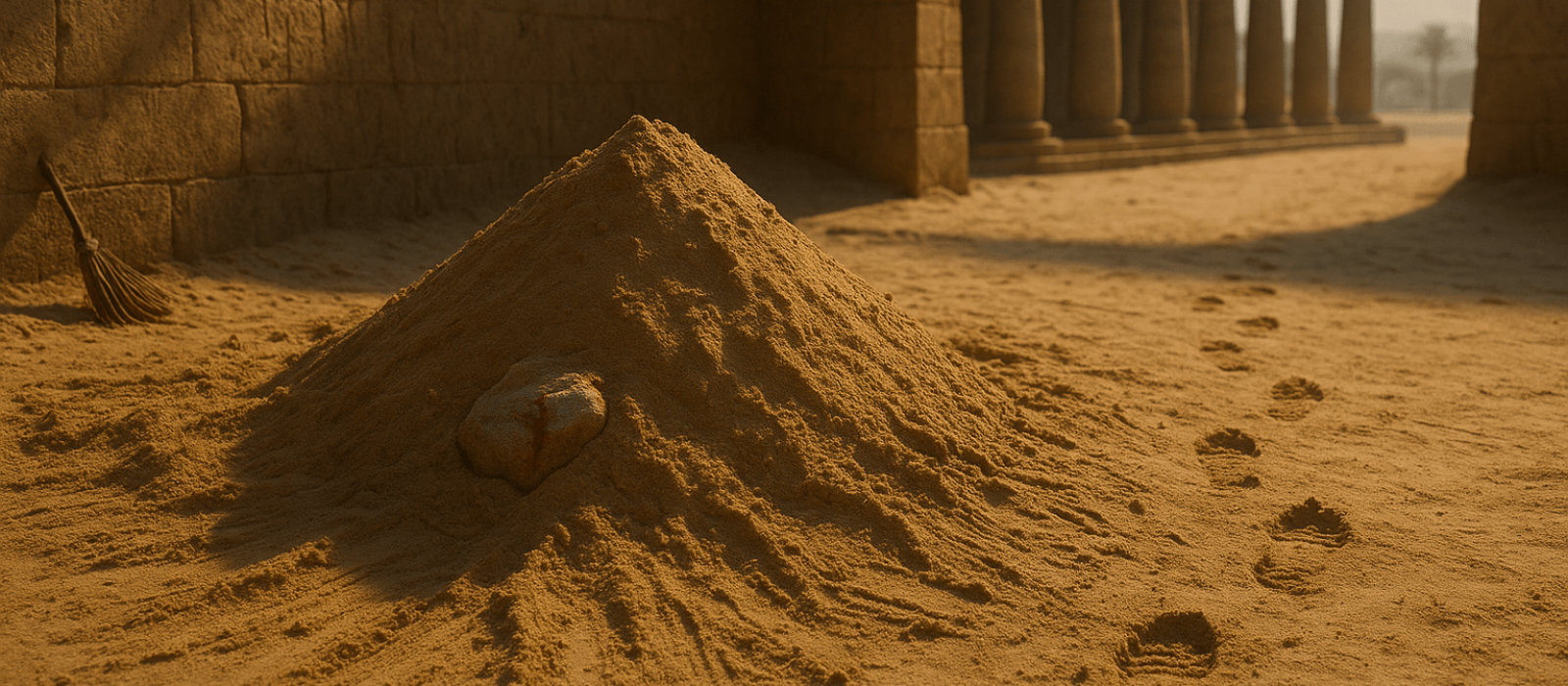 Sand-covered yard in ancient Egypt with a blood-stained stone half-buried as Moses flees, signaling the turning point of Exodus 2.