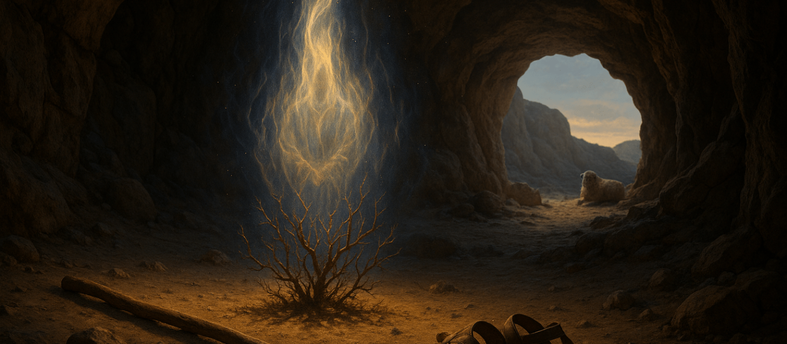 Burning Bush in a cave at Horeb with Moshe’s staff and sandals in the foreground.