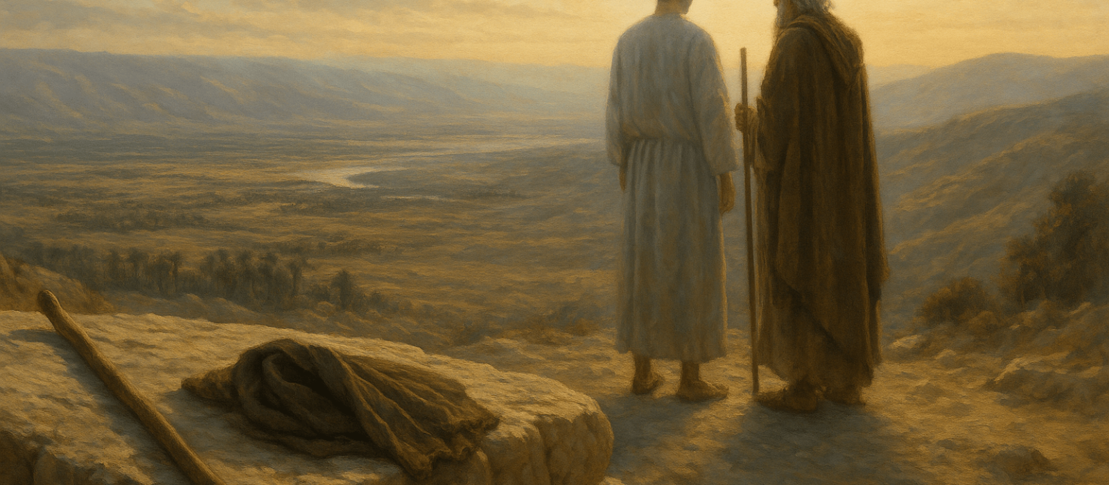 Mount Nebo overlook where Moses views Canaan at sunset, staff and cloak on the rock, with a quiet angelic companion.