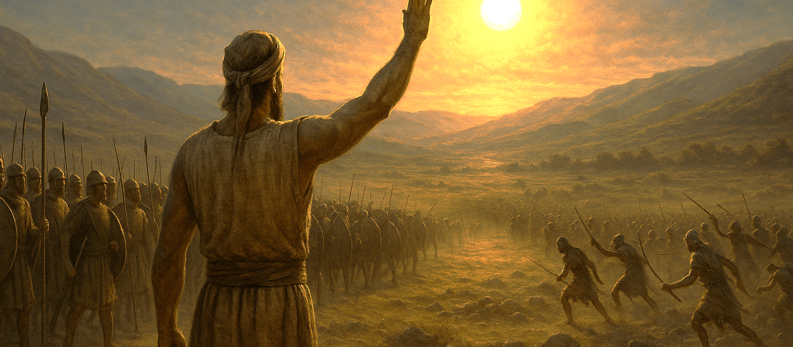 Joshua raises his arm at Gibeon as the sun stands still over the Judean hills.