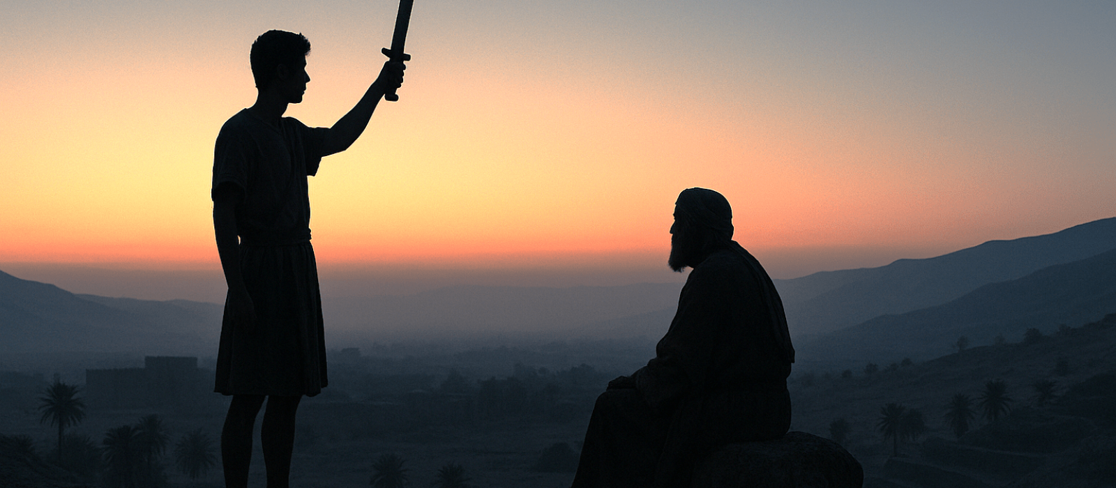 Othniel and young Ehud at dawn above Jericho, Ehud raising a left-handed blade as calling and covenant are affirmed.