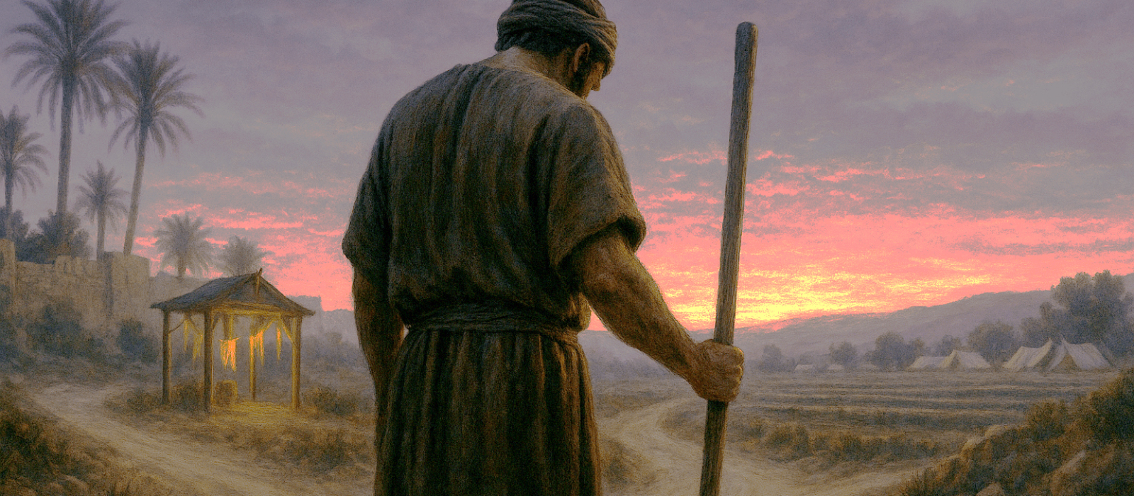 Shamgar grips an oxgoad at twilight where the road splits between a dim shrine and Israelite fields.