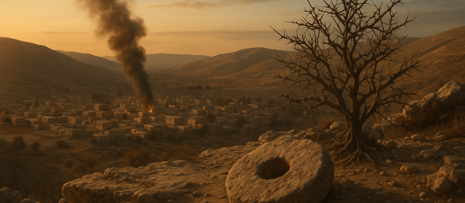 Thornbush and millstone above Shechem at Mount Gerizim as smoke rises—Jotham’s warning foreshadowed.