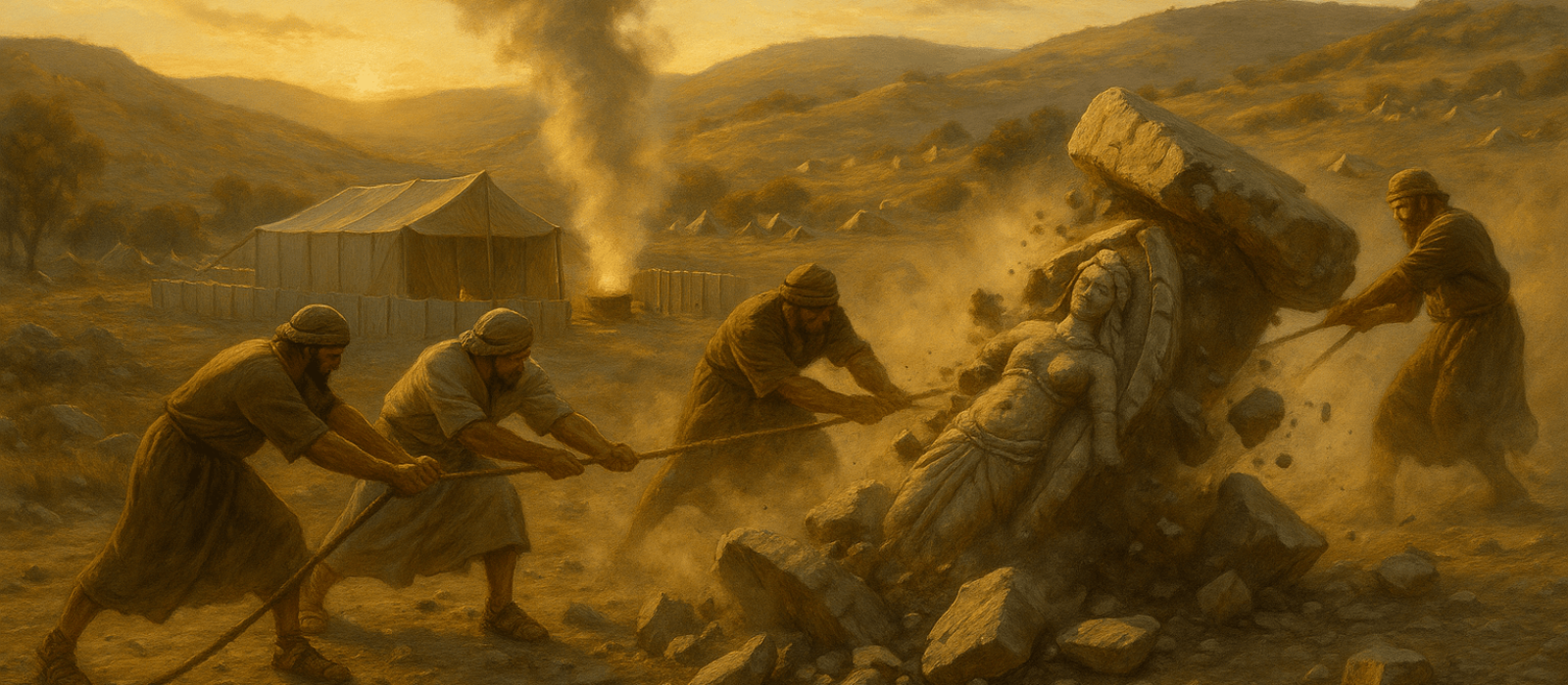 Golden-hour scene at Shiloh as Israelites dismantle a high place while smoke rises from the Tabernacle.