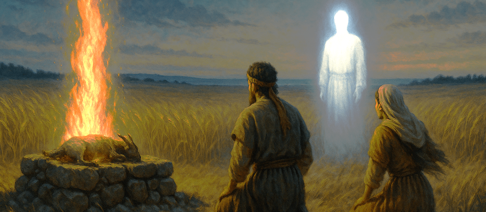Fire rising from a stone altar in a barley field as Manoah and Yael kneel before a radiant messenger near Zorah.