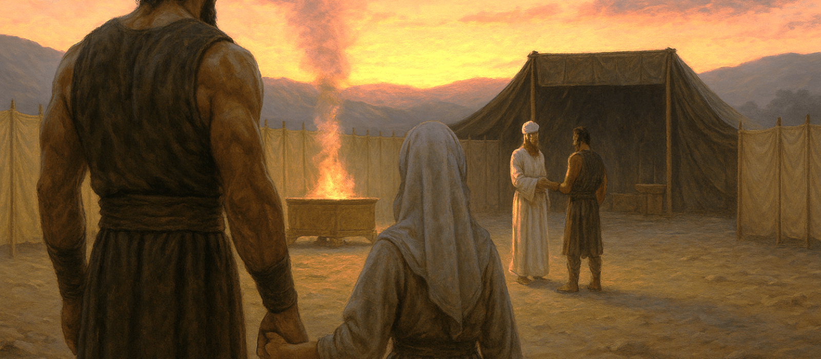 Jephthah and his daughter approach the Tabernacle at dusk as a Kohen awaits.