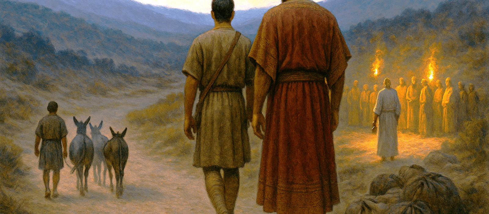 Samuel reveals Saul “hiding among the baggage” at Mizpah as Israel gathers by torchlight.