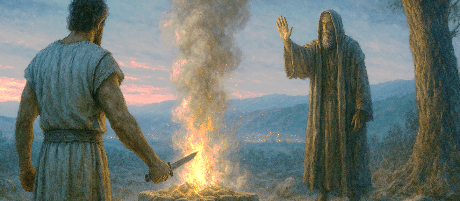 Samuel halts King Saul at a smoking altar in predawn Gilgal, embodying patience over presumption.