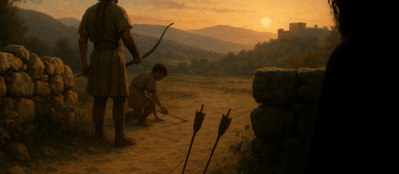 Jonathan’s arrows land beyond a stone wall as David hides, signaling exile at dawn near Saul’s palace.