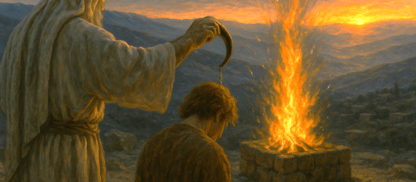 Samuel anoints David at dawn as altar flames leap and the hills brighten.